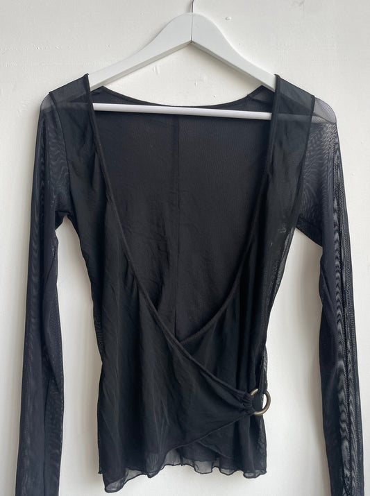 Black Mesh Wrap Blouse