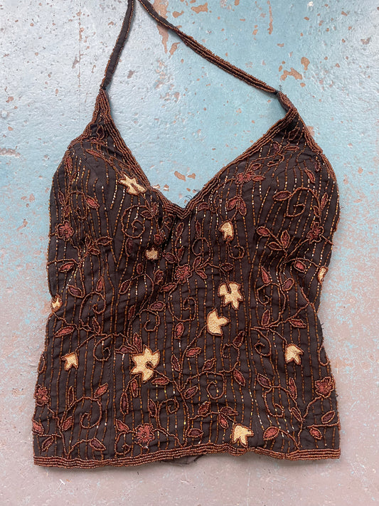 Brown Beaded Halter Corset. - Small