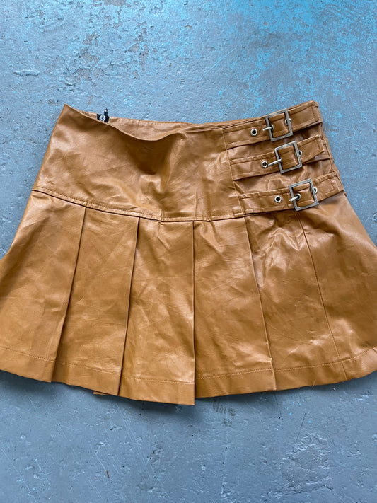 Tan Pleated Mini Skirt with Buckles - Small