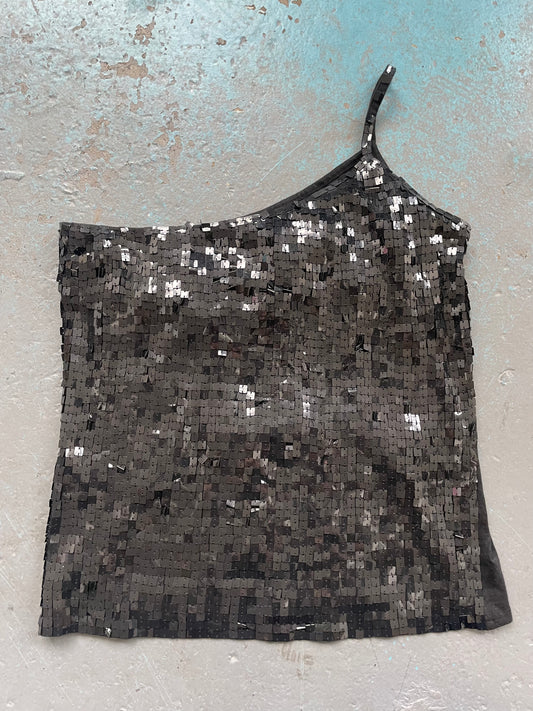 Black One Shoulder Sequin Tank - Large