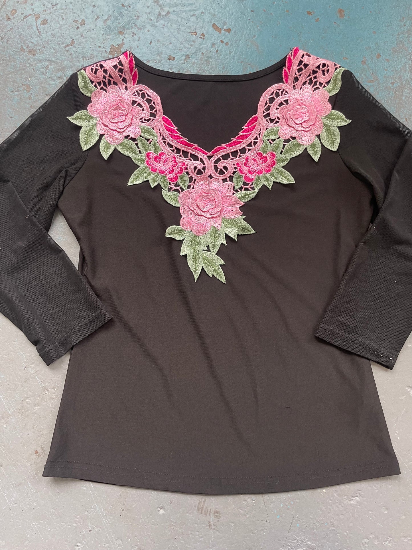 Black Mesh Blouse with Pink Floral Embrodery