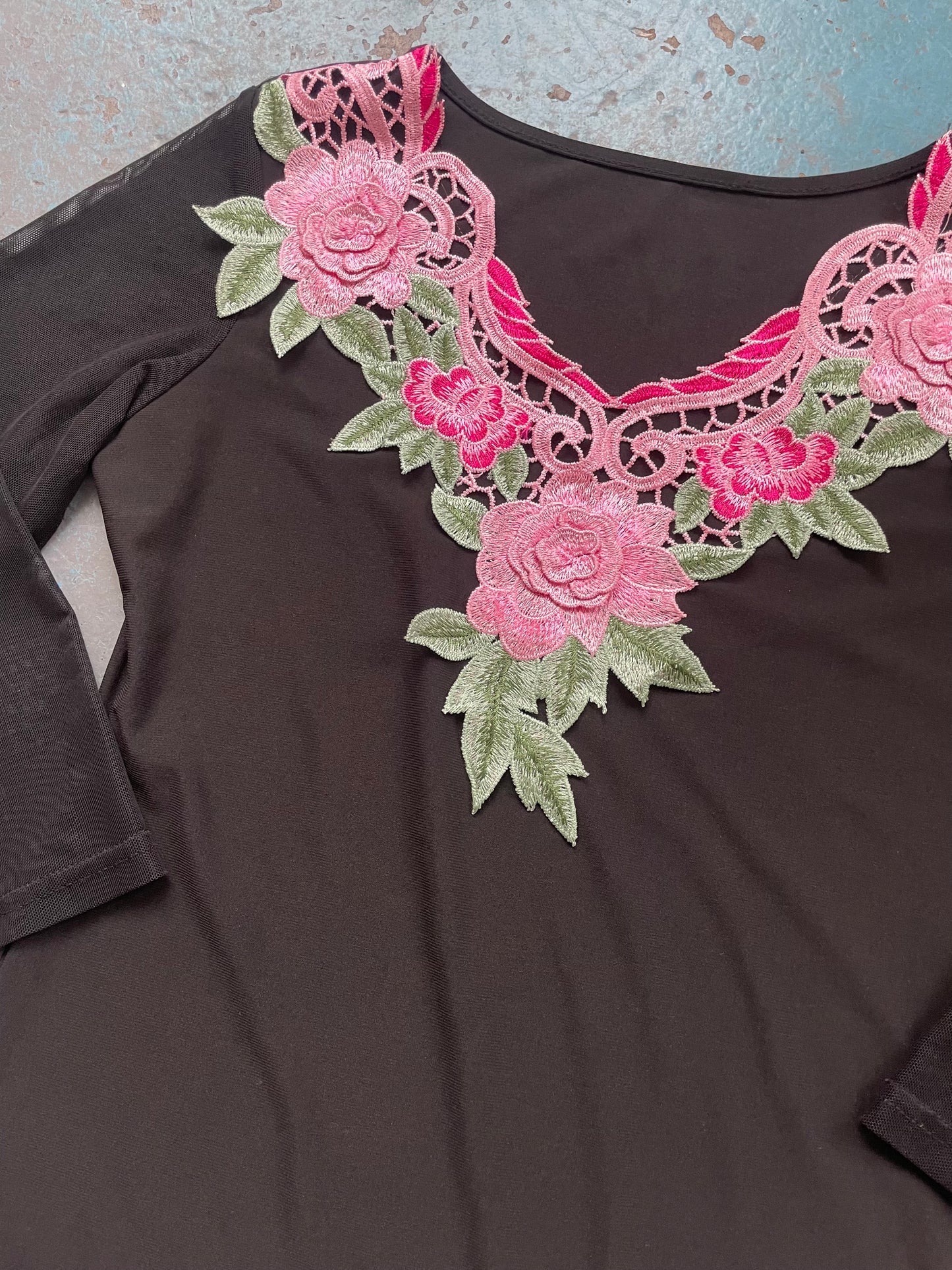 Black Mesh Blouse with Pink Floral Embrodery