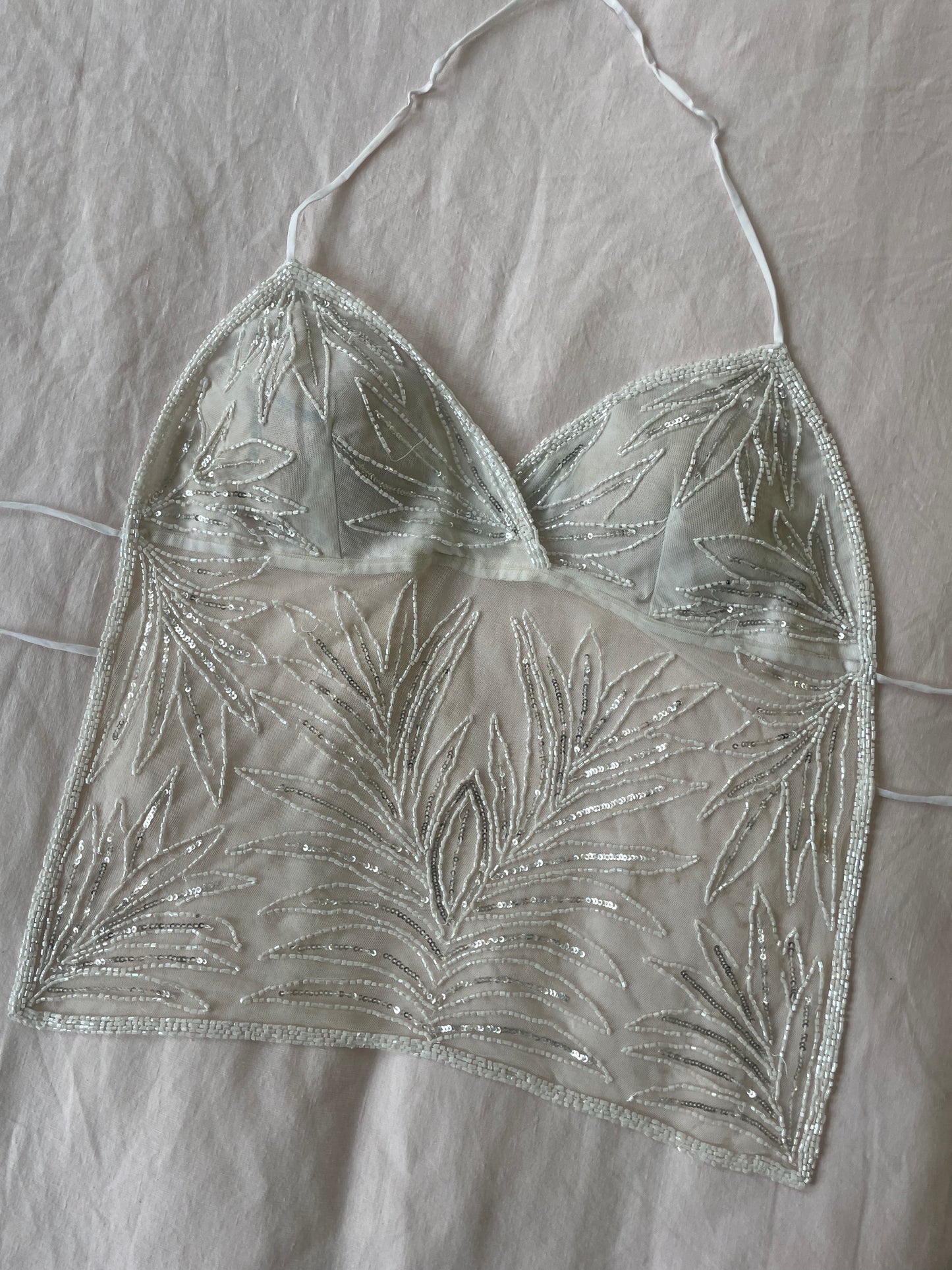 00s Beaded Backless Top - White and Silver