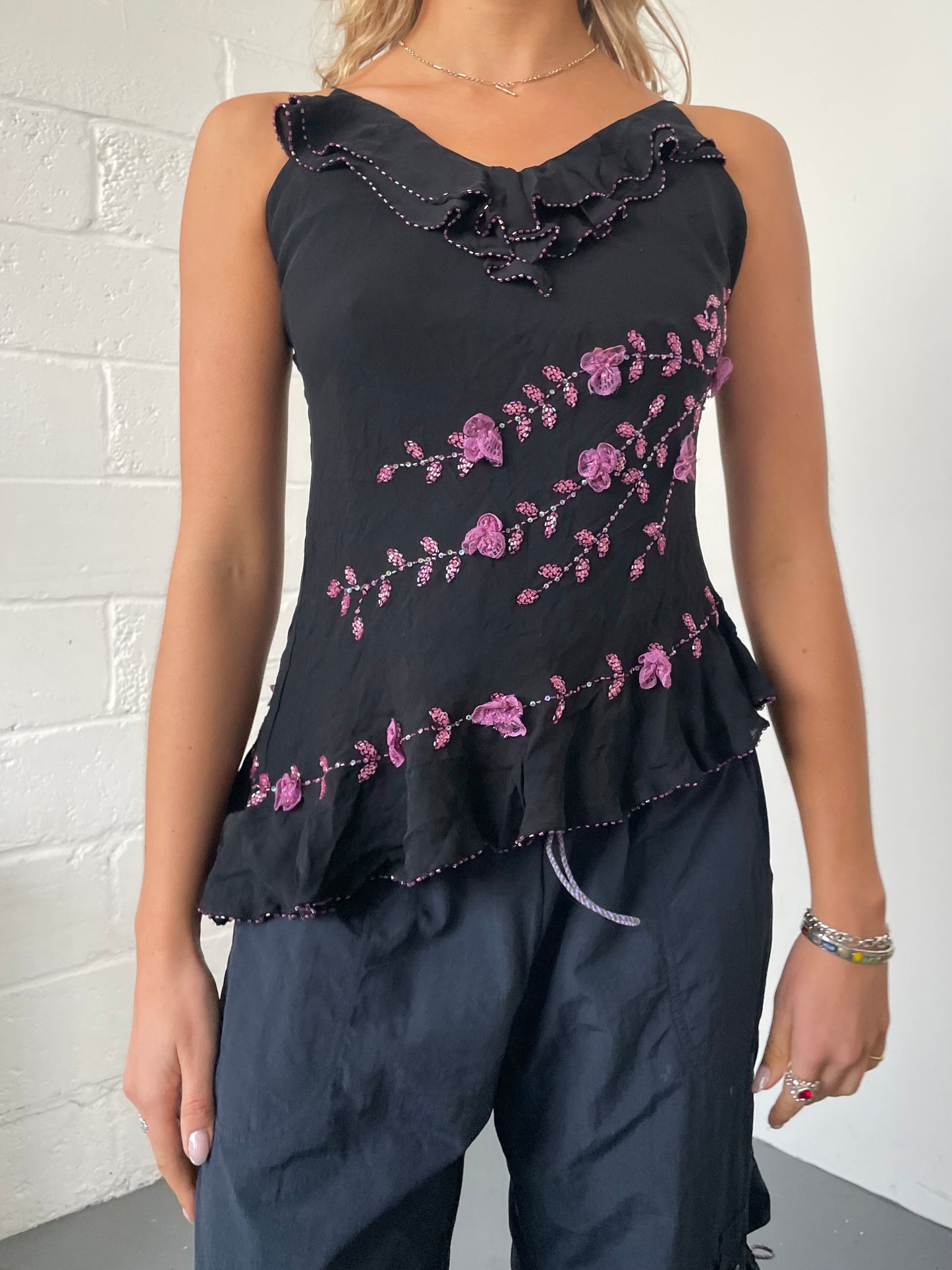 Black Asymmetric Blouse with Purple Beaded Flowers