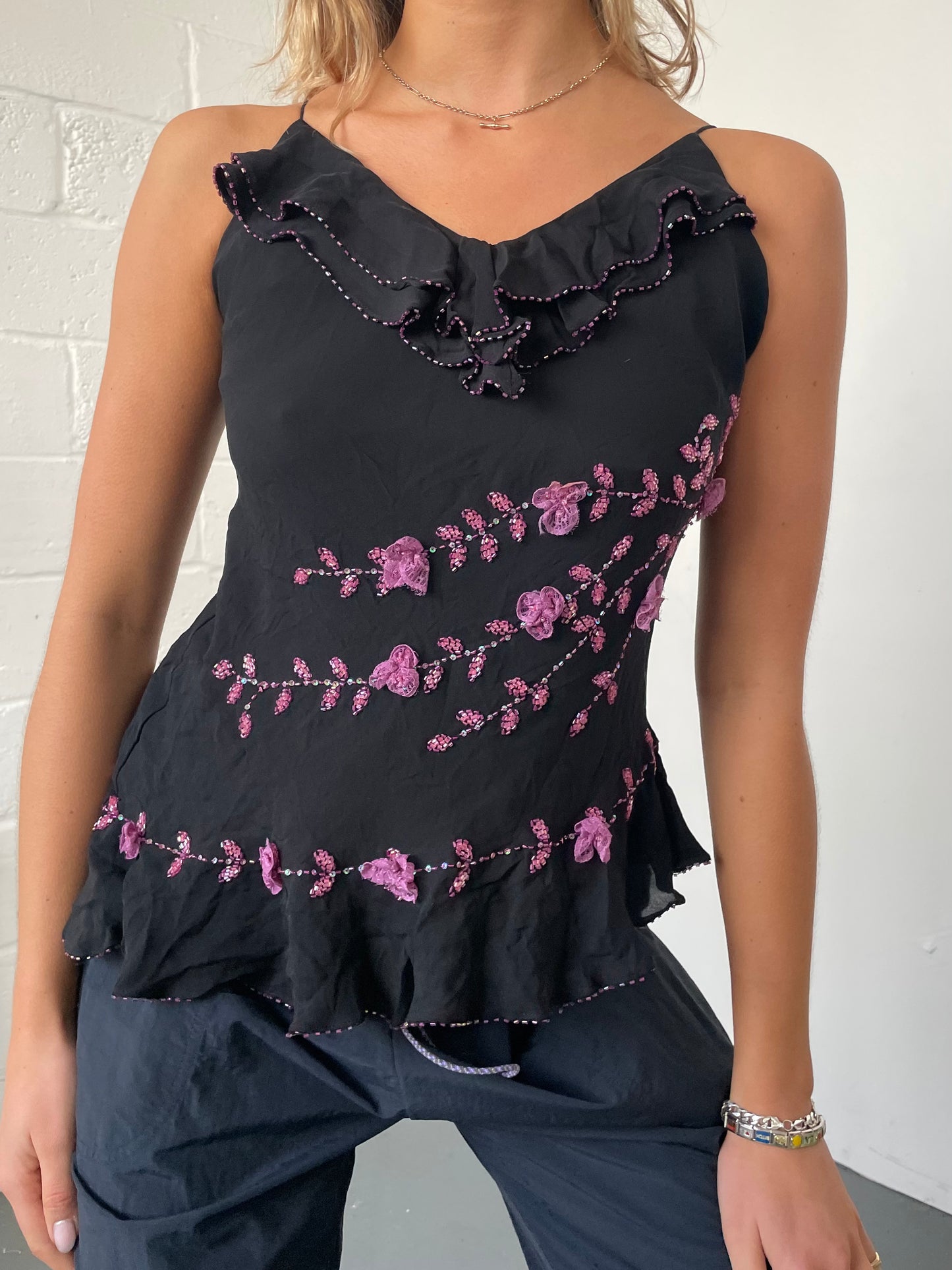 Black Asymmetric Blouse with Purple Beaded Flowers