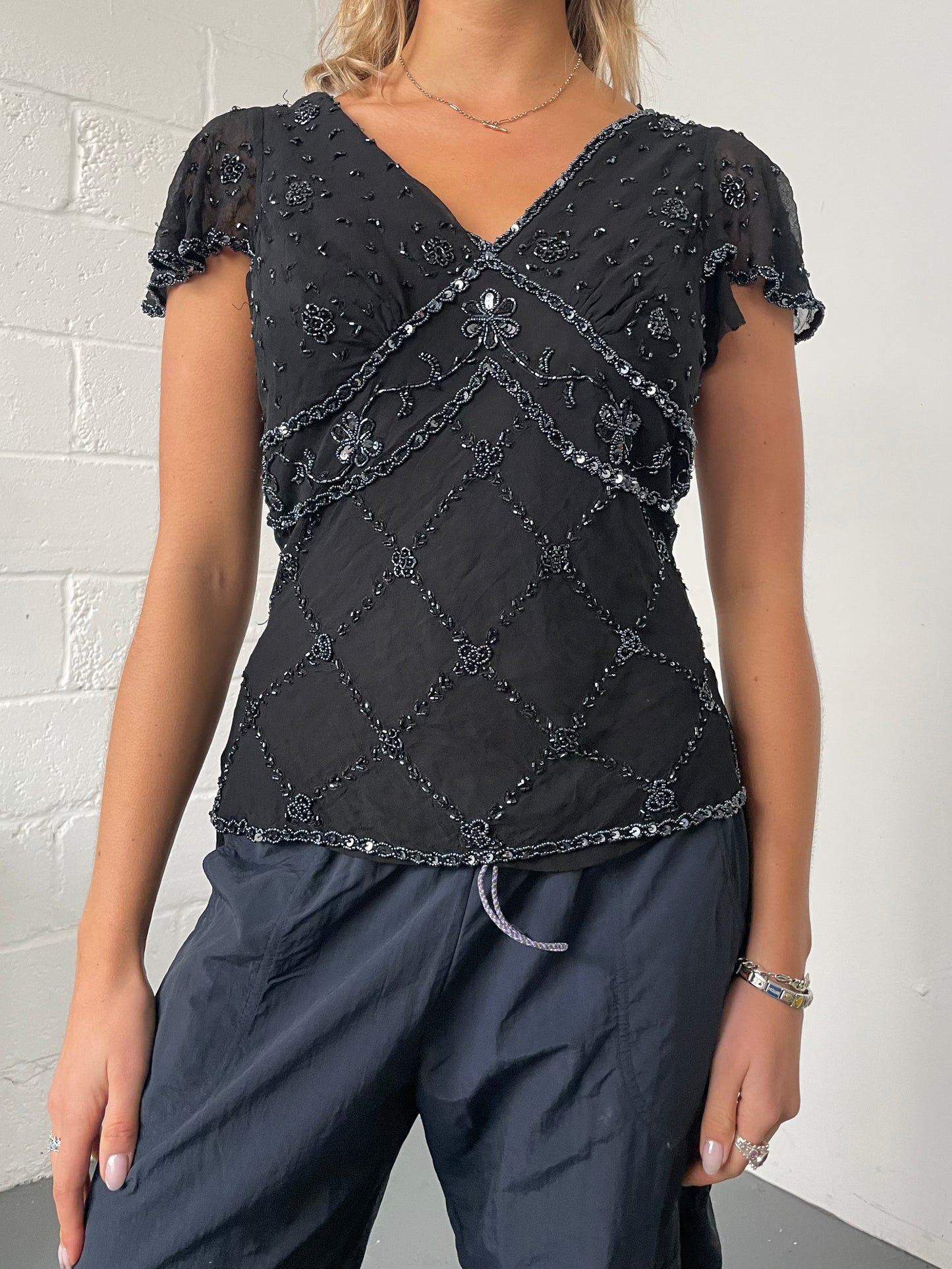 Black Mesh Beaded Blouse