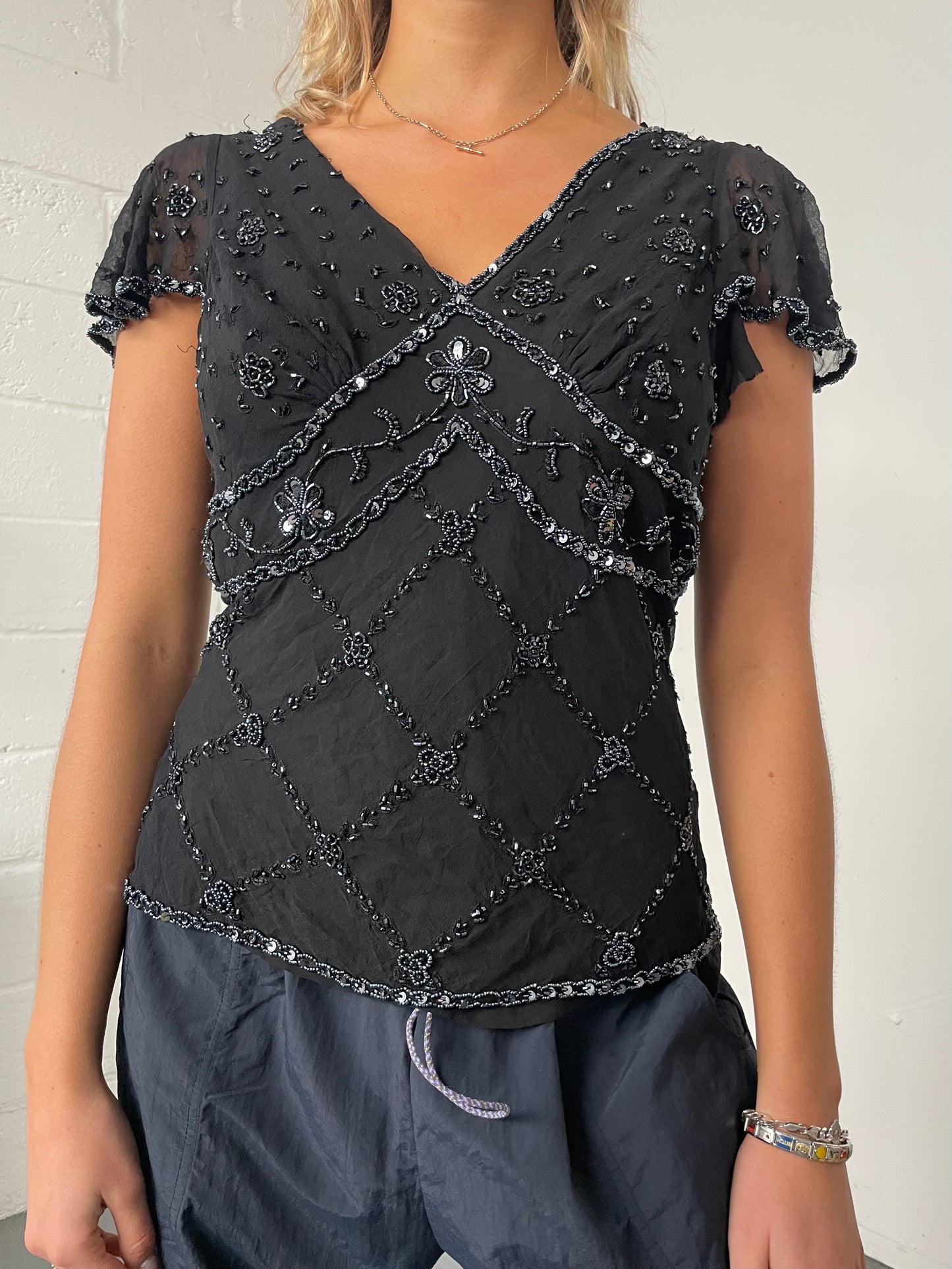 Black Mesh Beaded Blouse