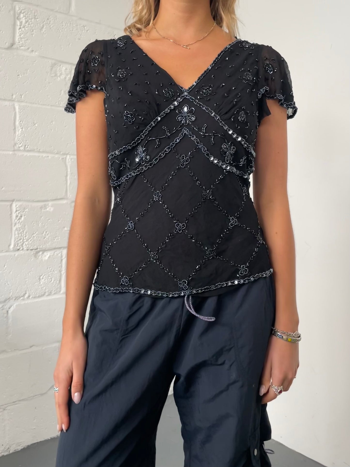 Black Mesh Beaded Blouse