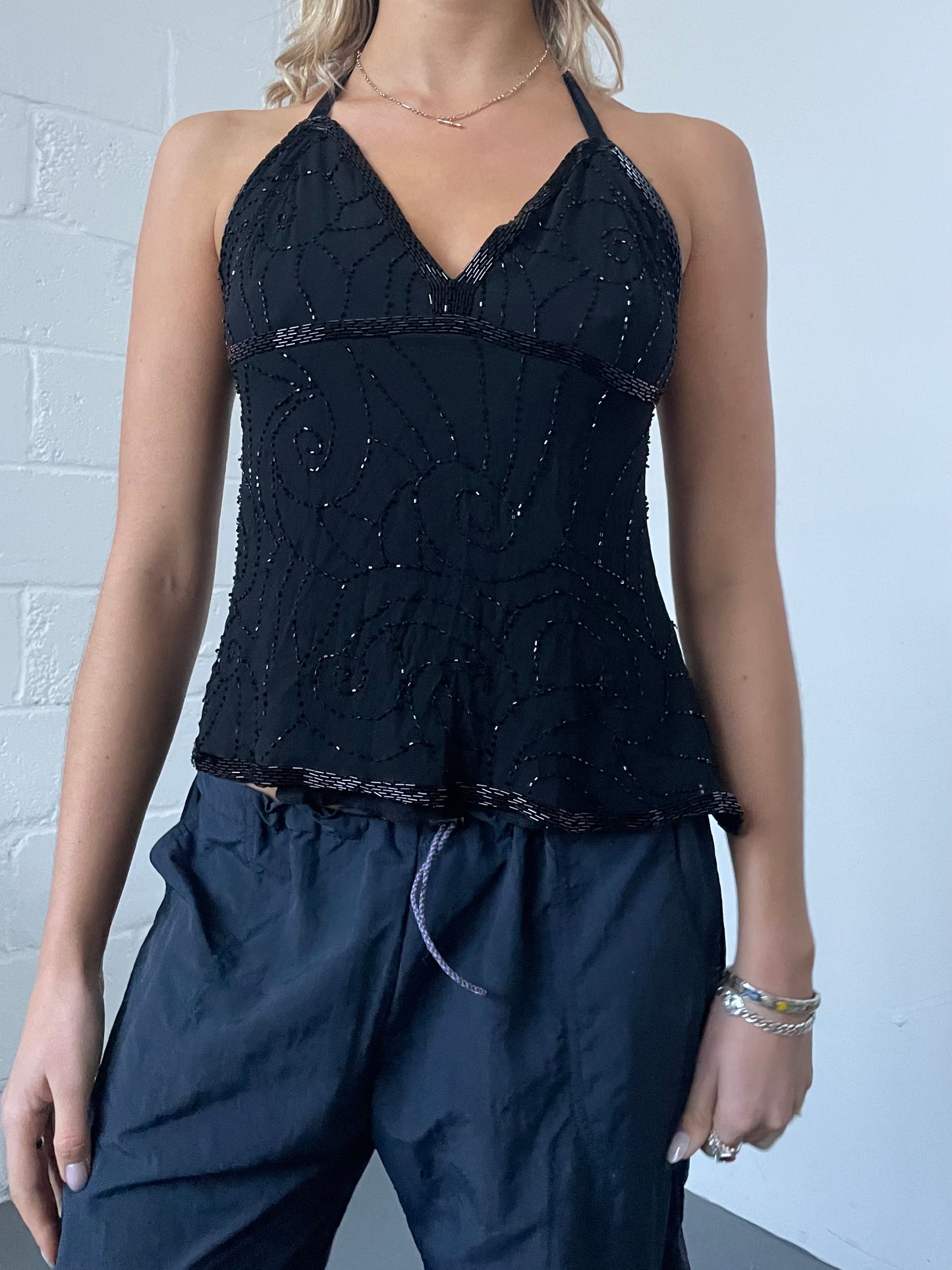 Black Beaded Halter Top