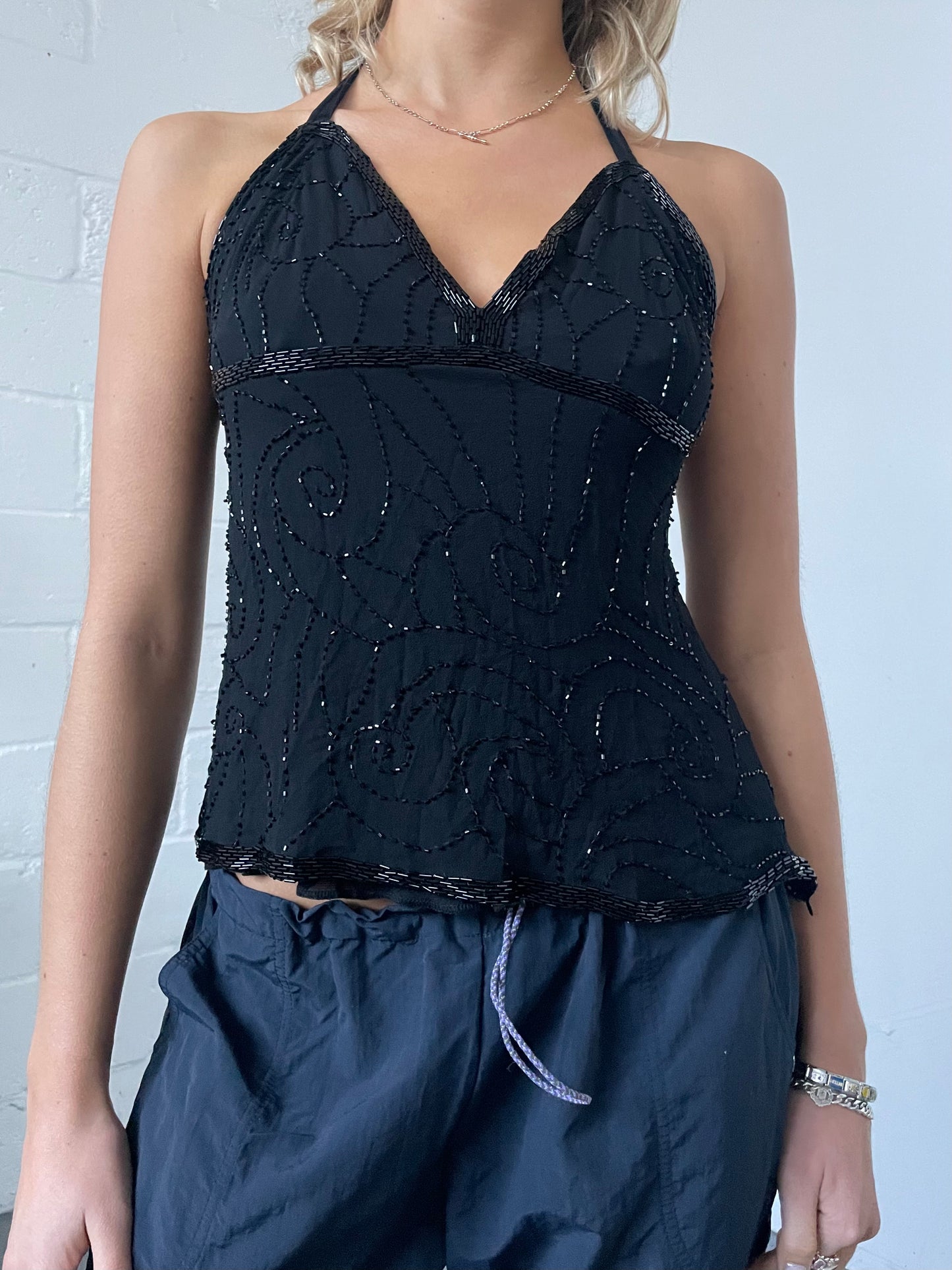 Black Beaded Halter Top