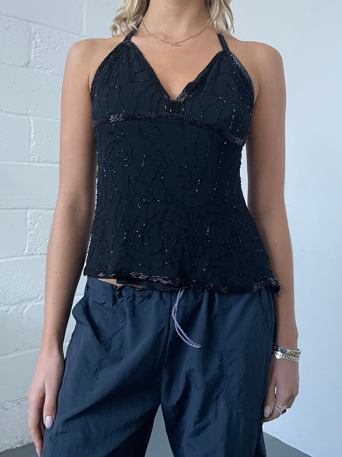 Black Beaded Halter Top