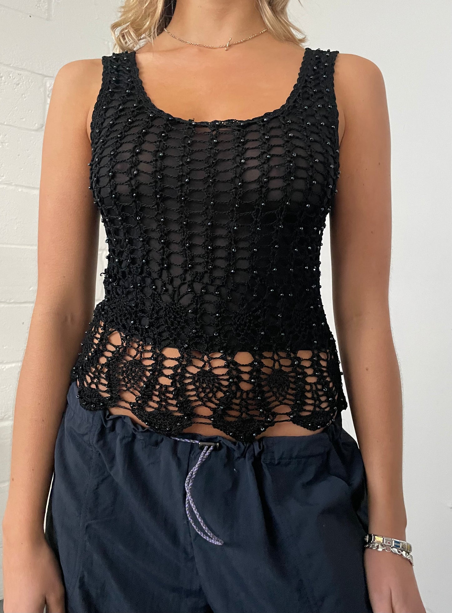 Black Beaded & Crochet Tank