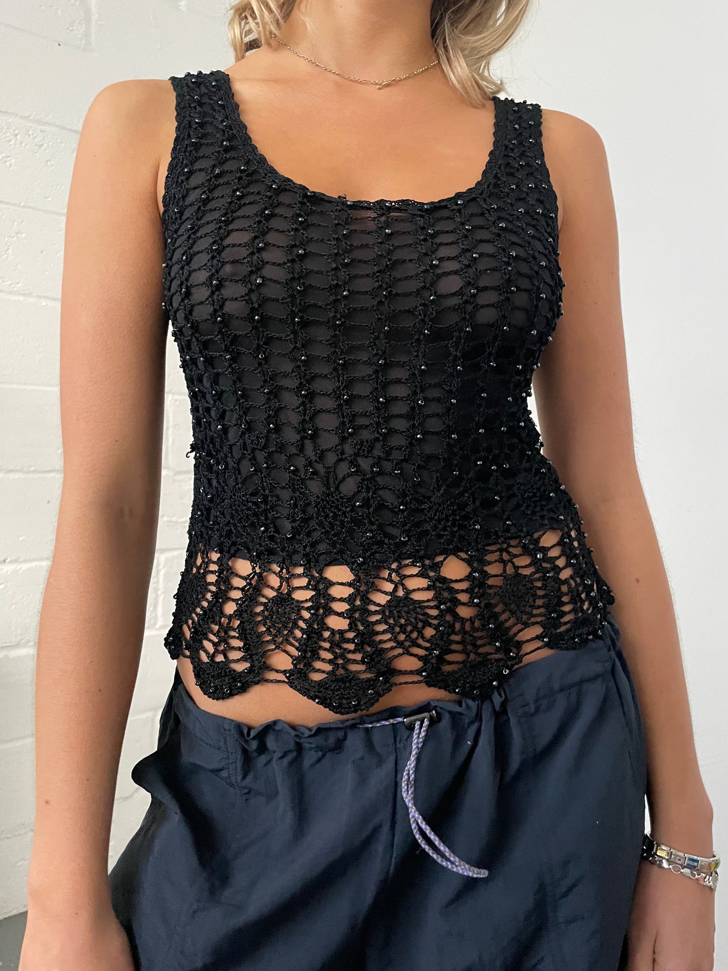 Black Beaded & Crochet Tank