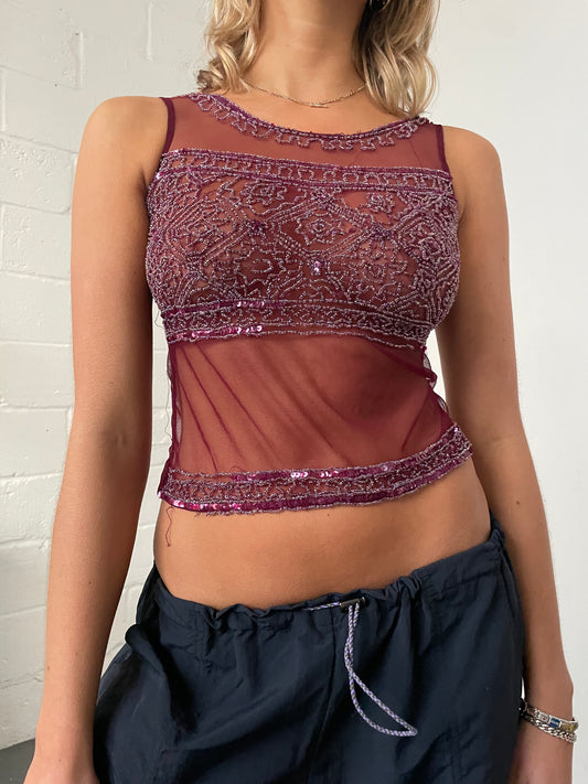 Sheer Burgundy Mesh Beaded Tank