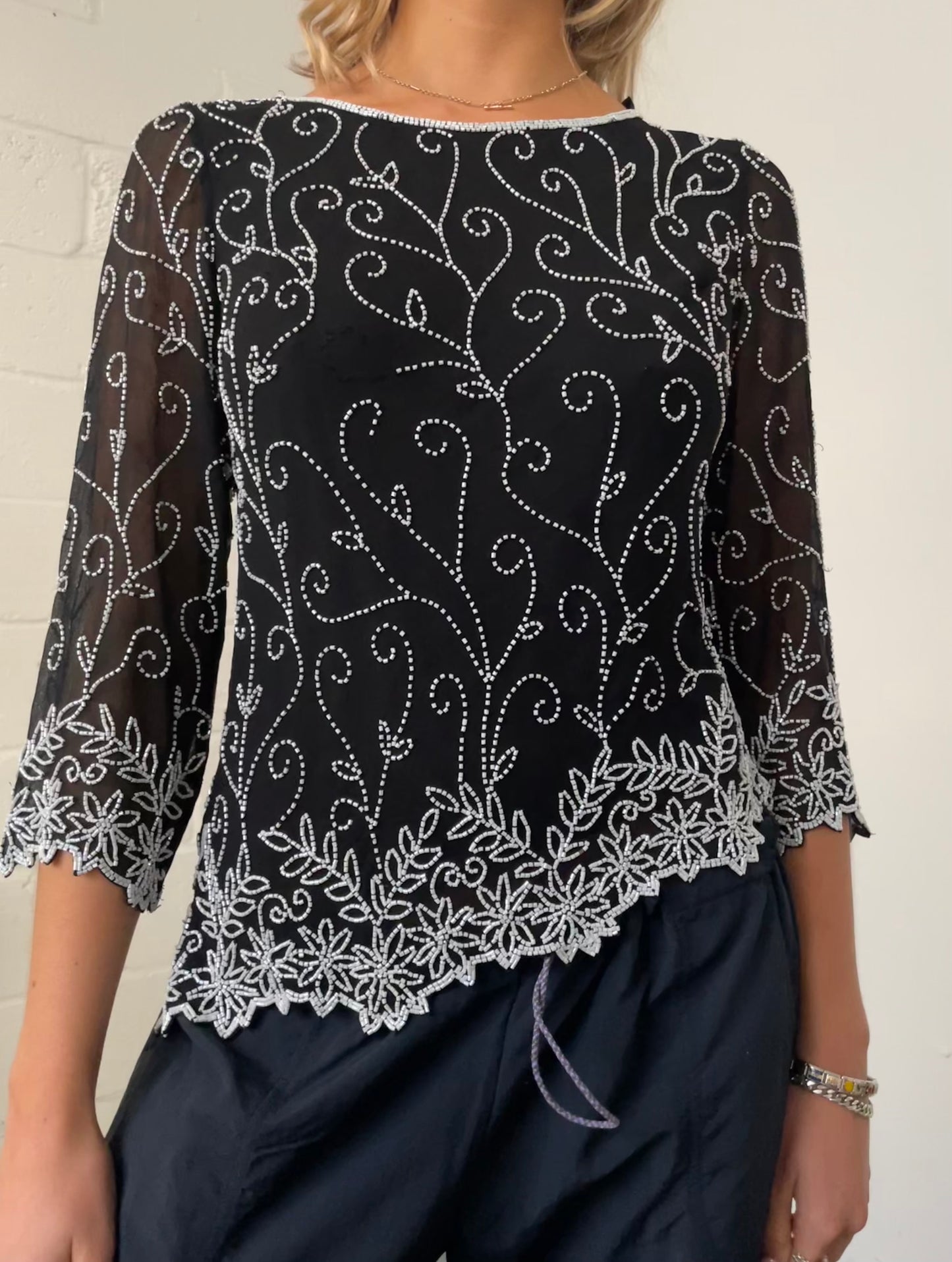 Asymmetric Black and White Beaded Blouse