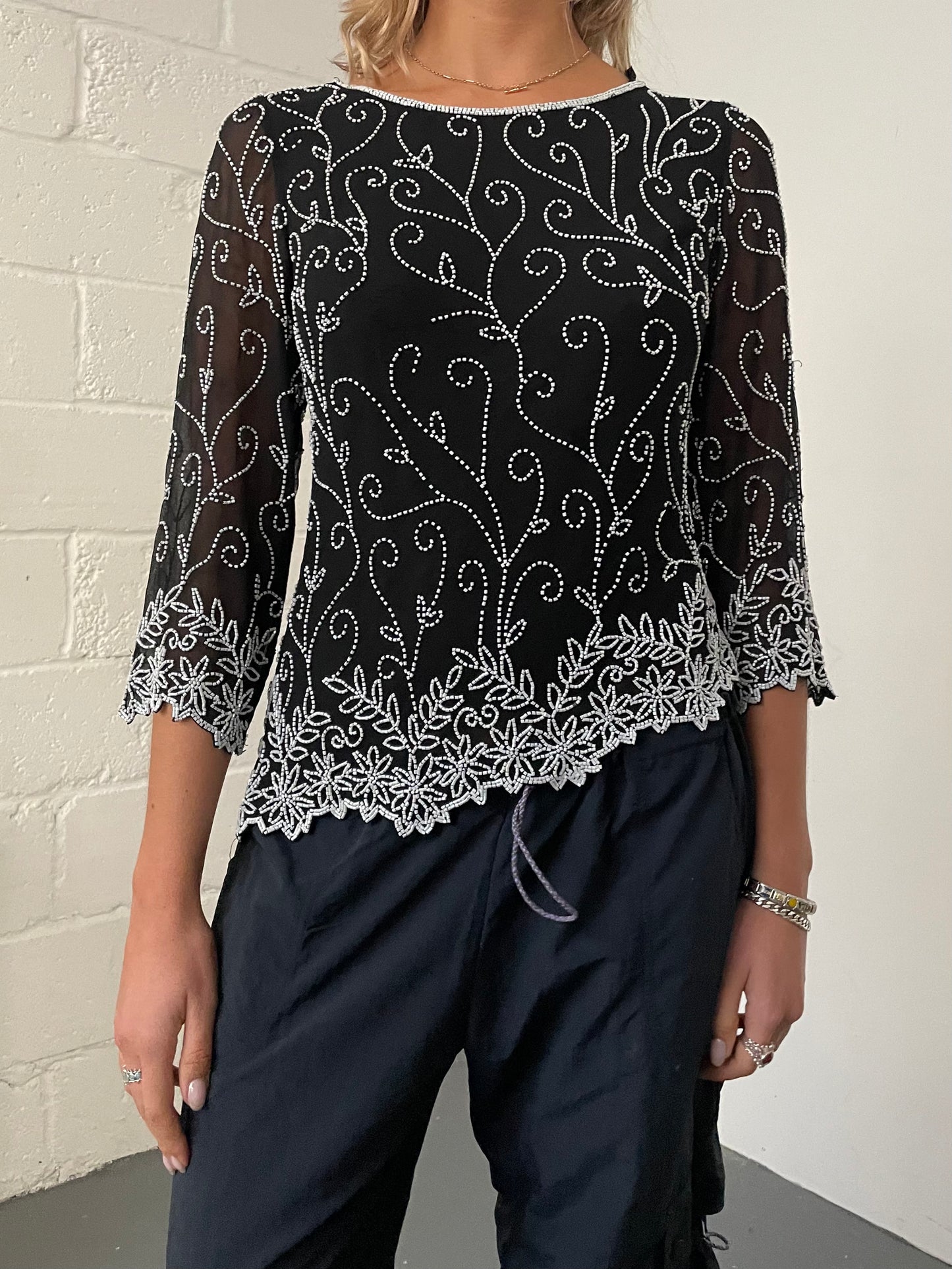 Asymmetric Black and White Beaded Blouse