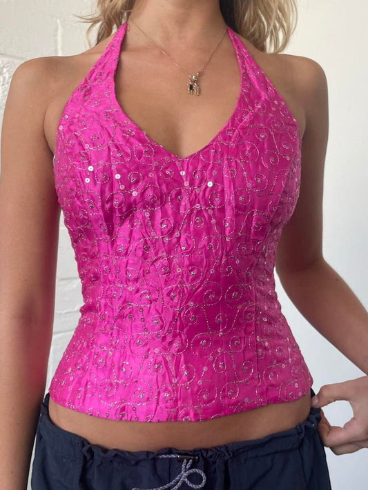 Bright Pink Sequin Halterneck Corset