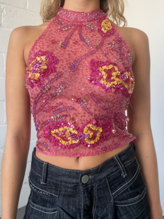 Beaded Pink High Neck Top