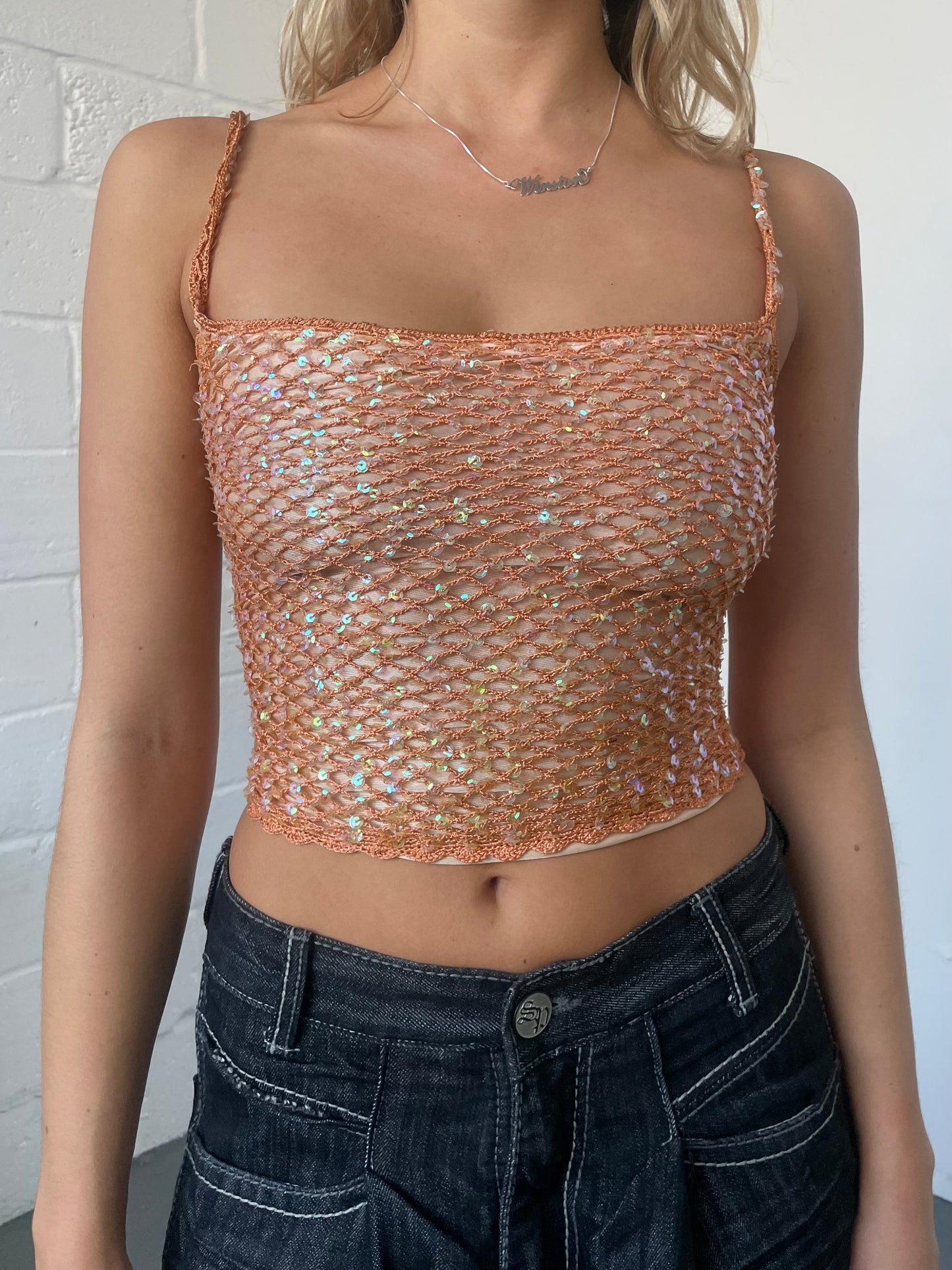 Orange Sequin Crochet Top