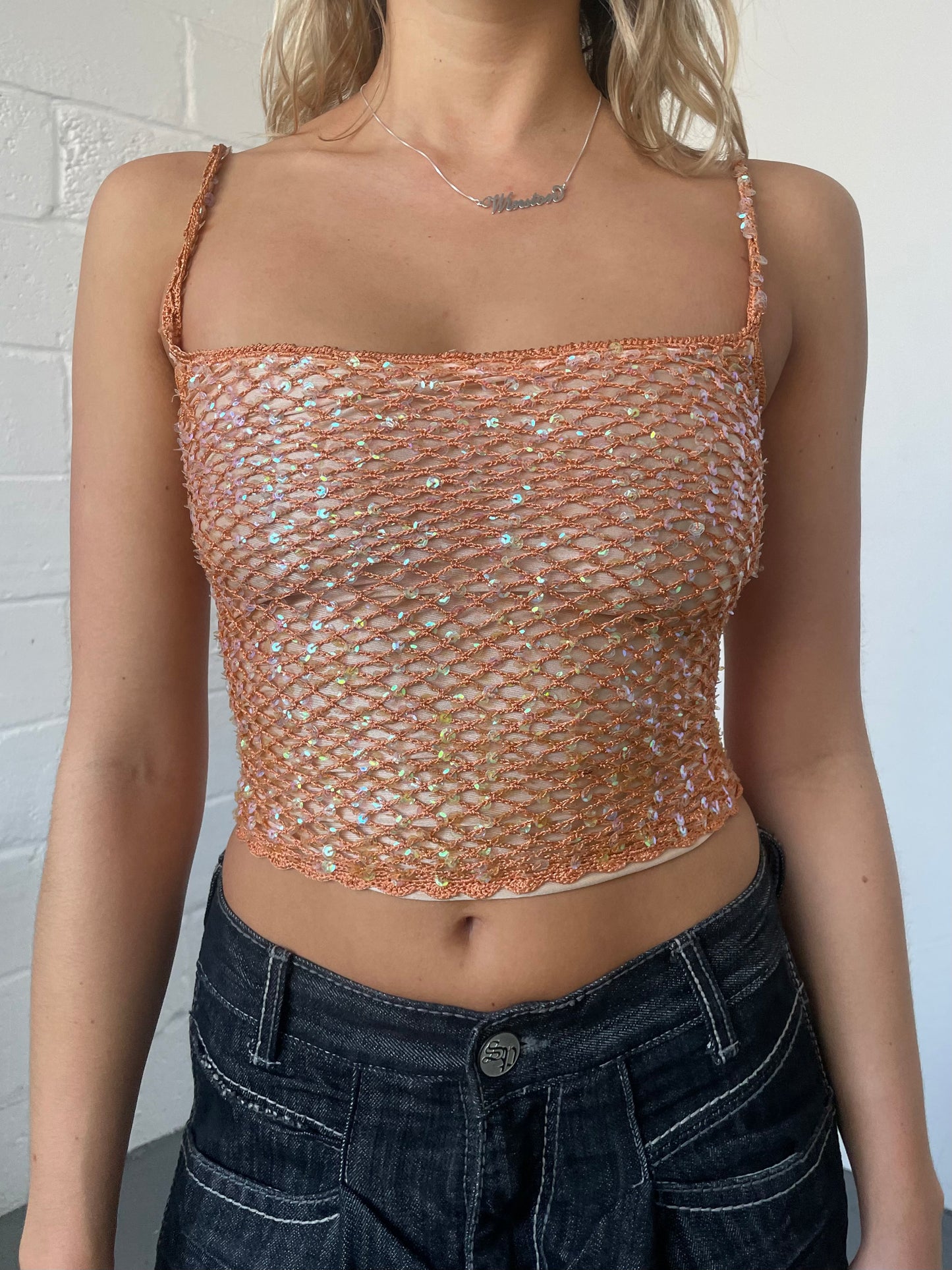 Orange Sequin Crochet Top