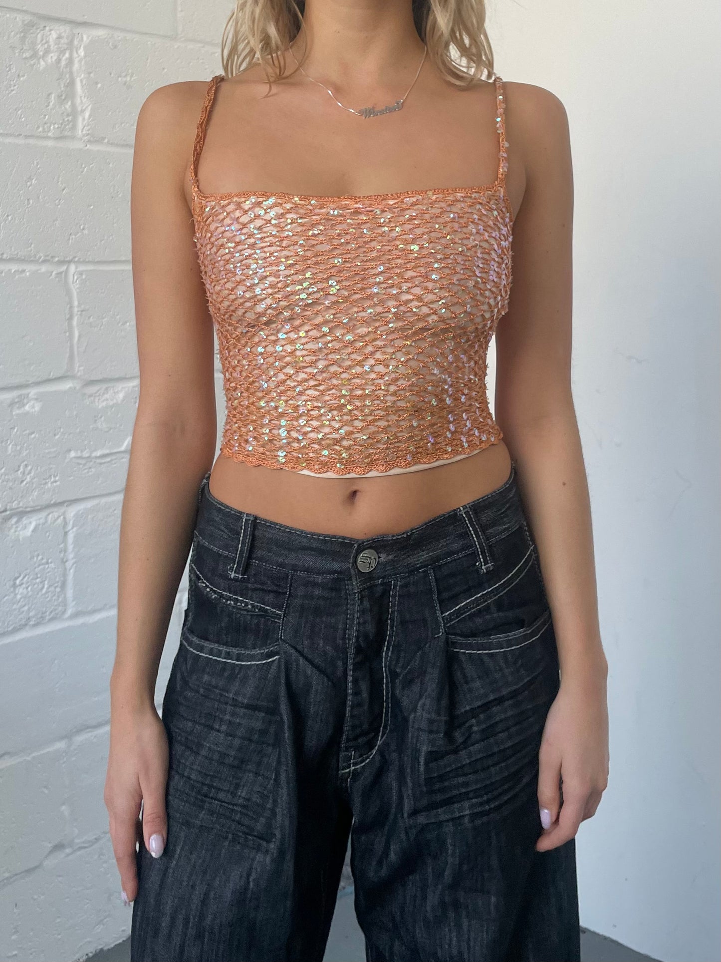 Orange Sequin Crochet Top