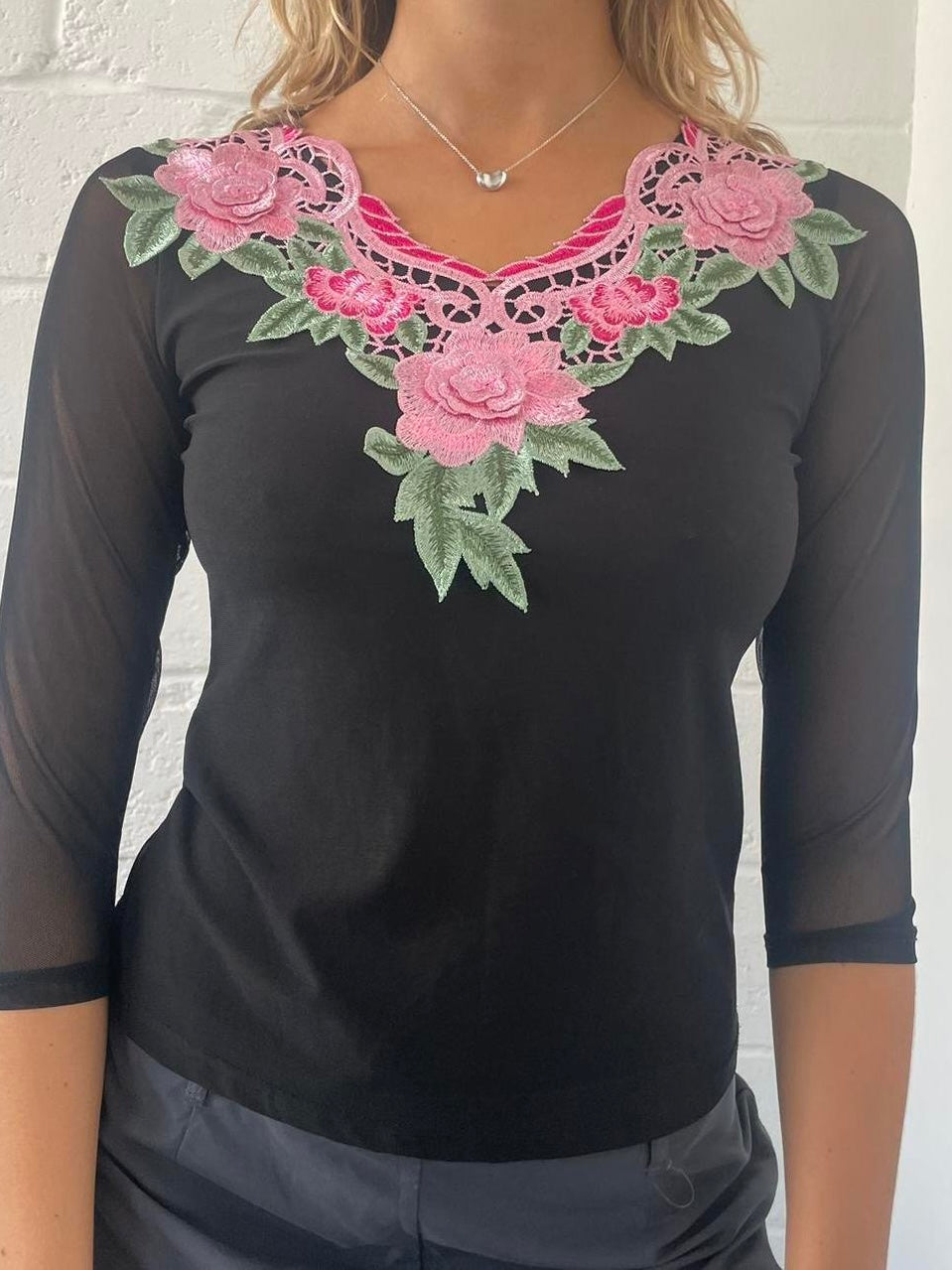 Black Mesh Blouse with Pink Floral Embrodery