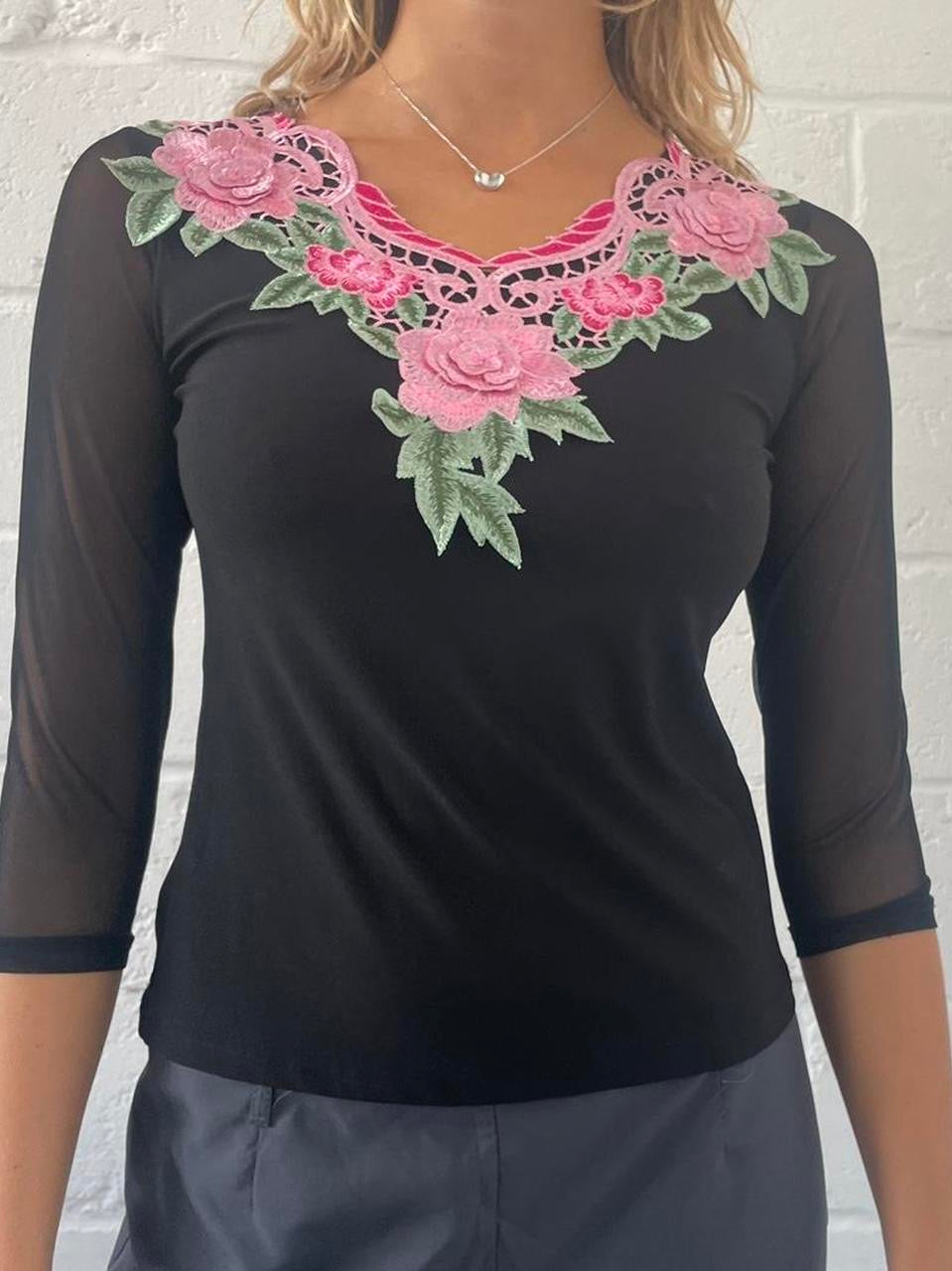 Black Mesh Blouse with Pink Floral Embrodery