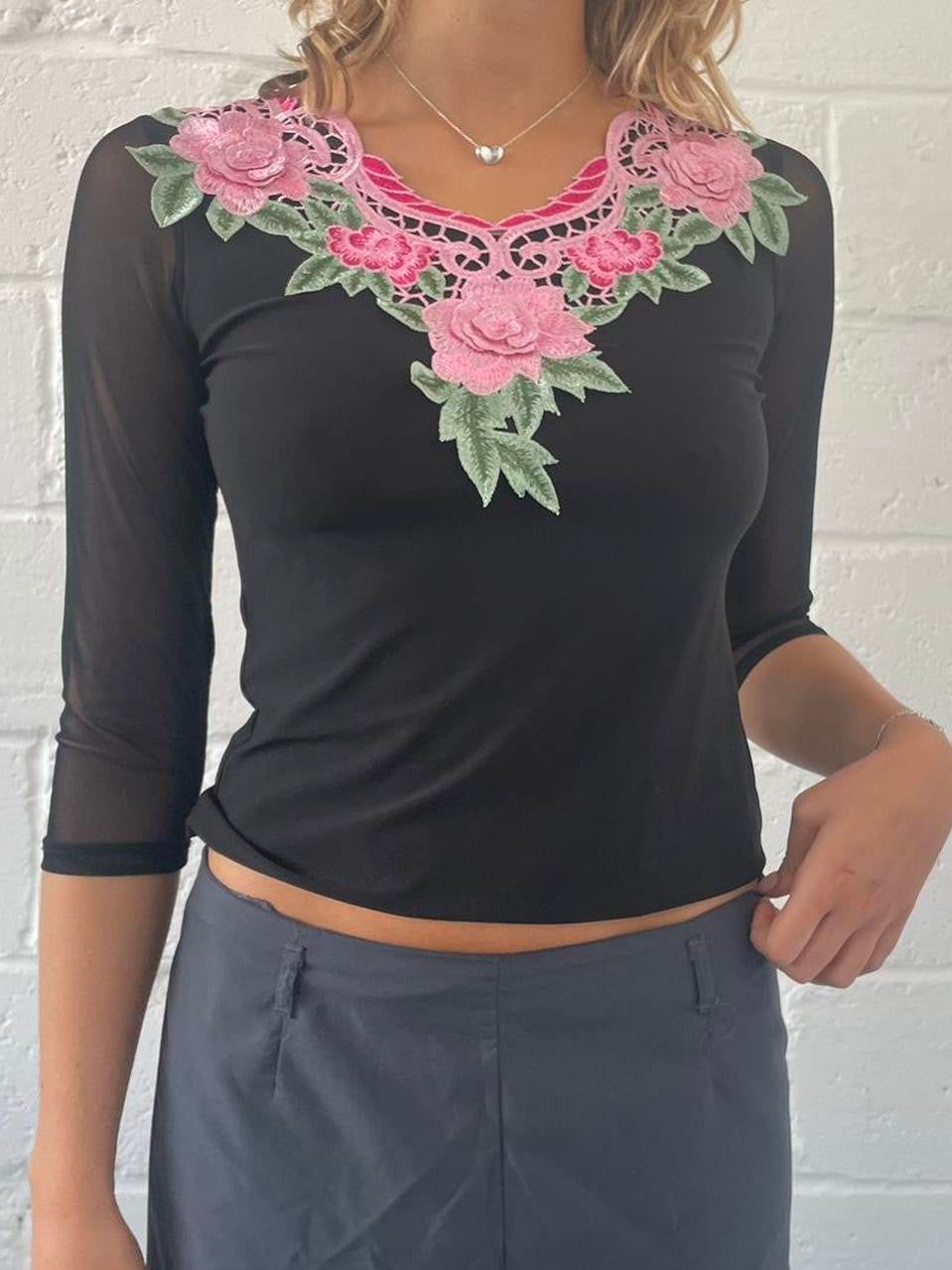 Black Mesh Blouse with Pink Floral Embrodery