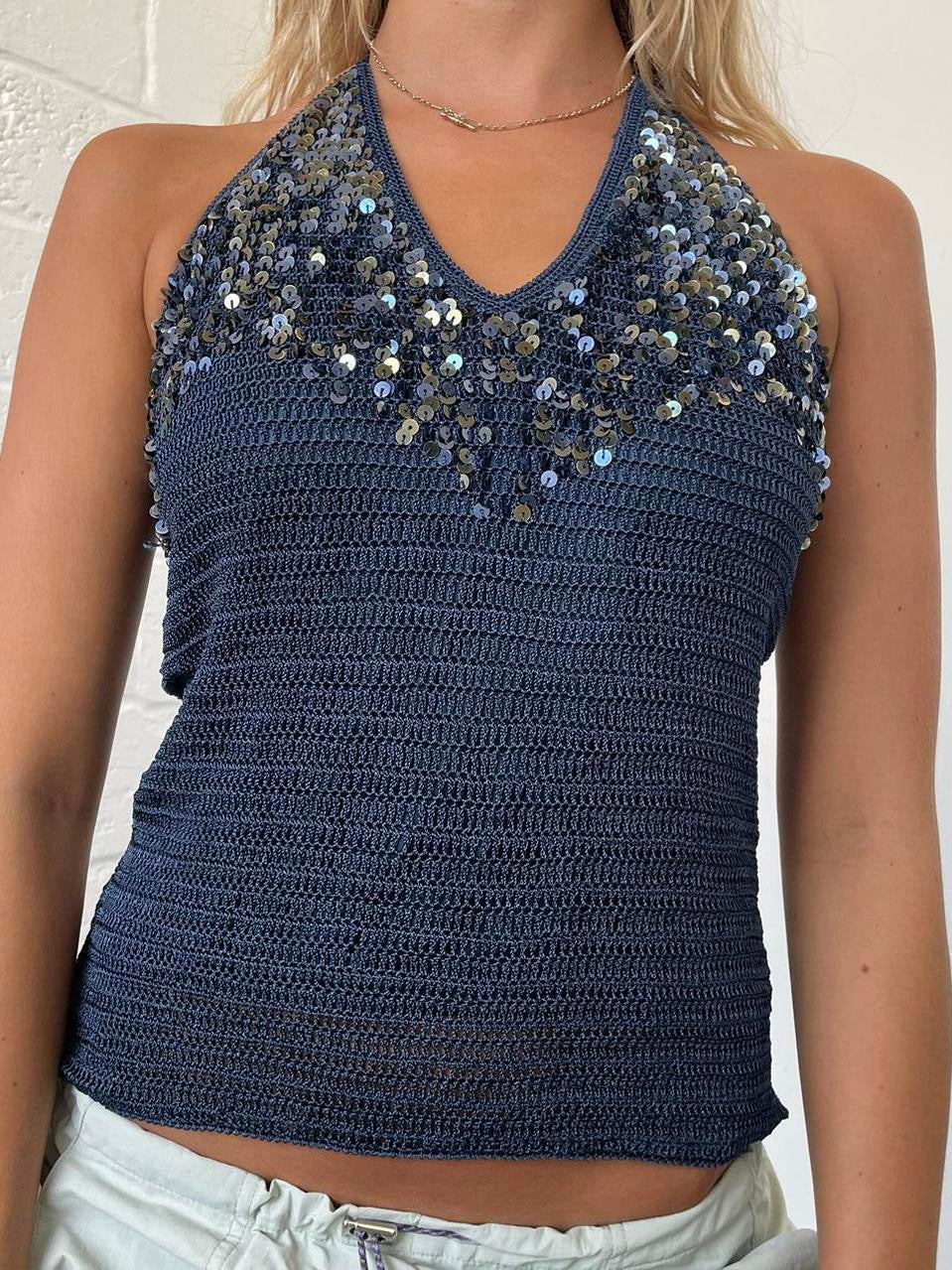 Navy Crochet and Sequin Halter Top