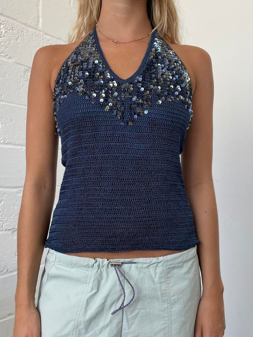 Navy Crochet and Sequin Halter Top