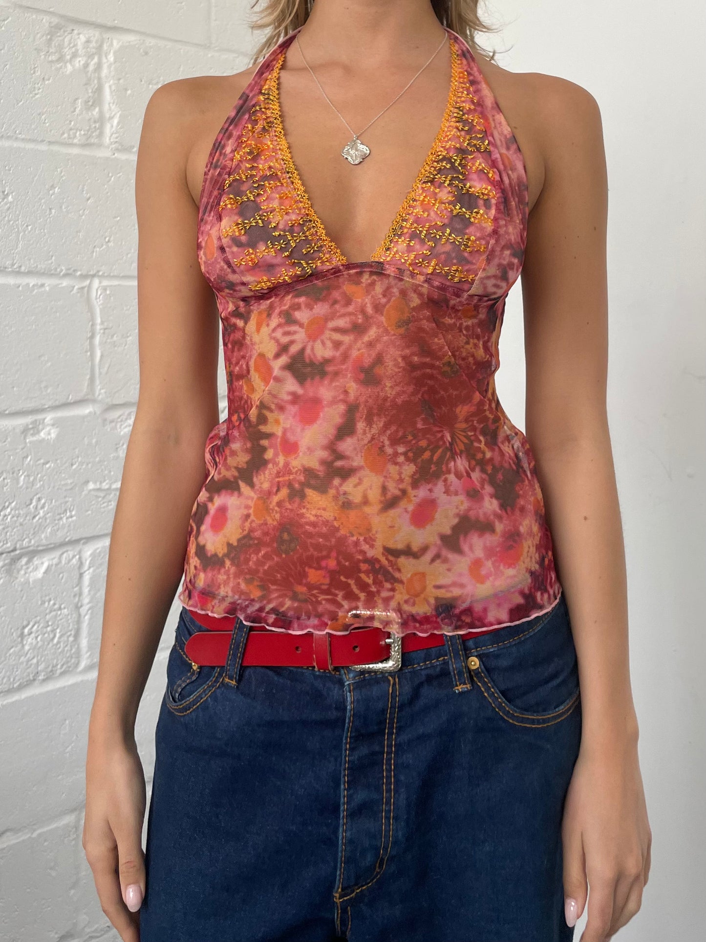 Pink Floral Mesh Halterneck