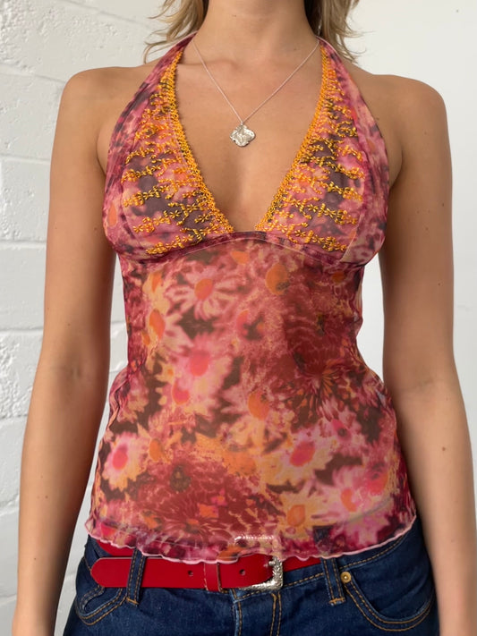 Pink Floral Mesh Halterneck