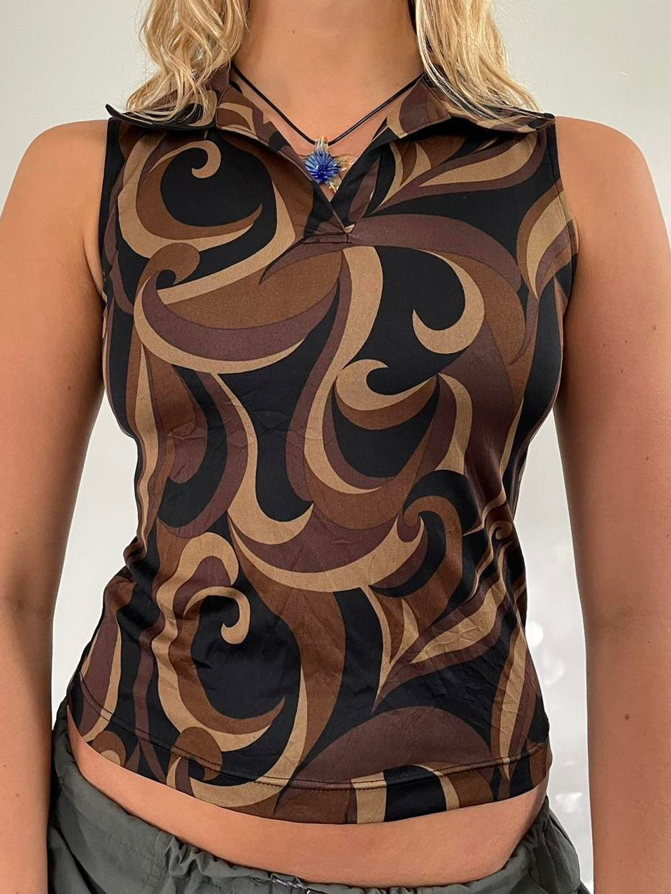 Black and Brown Mod Print Sleeveless Shirt