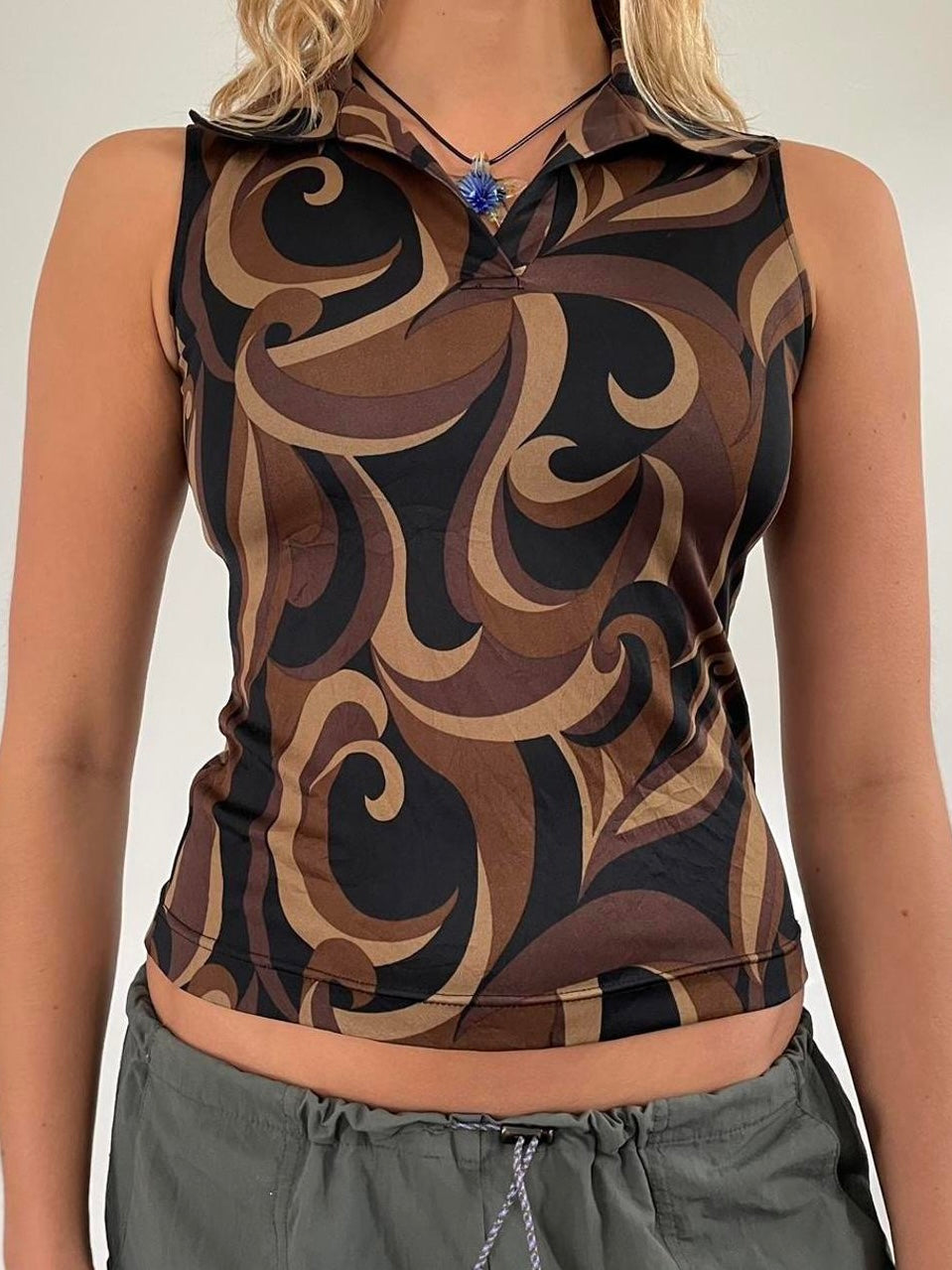 Black and Brown Mod Print Sleeveless Shirt