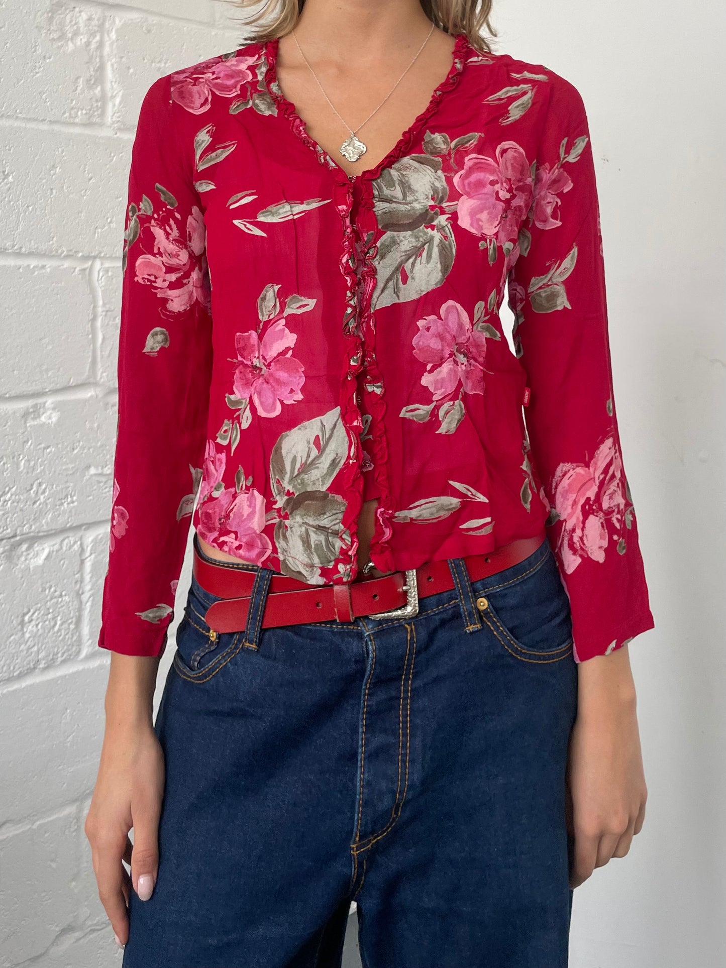 Red Mesh Floral Cardigan