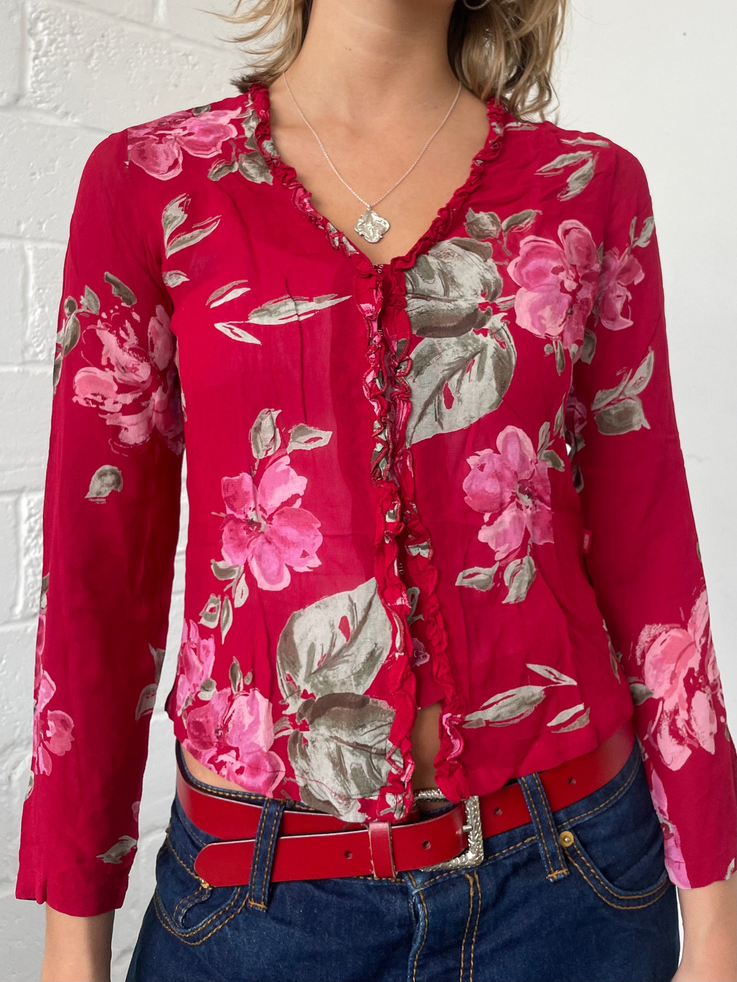 Red Mesh Floral Cardigan