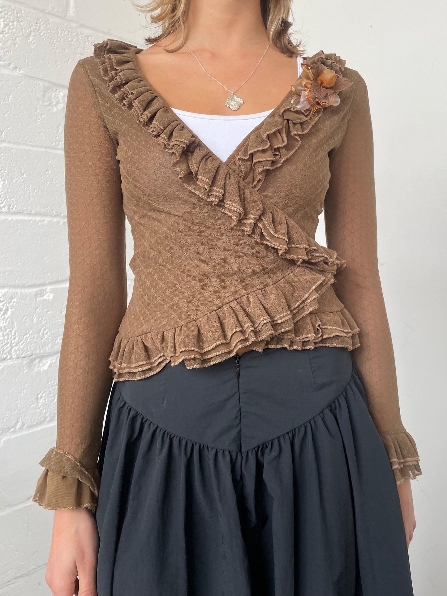 Brown Mesh Frilly Wrap Cardigan