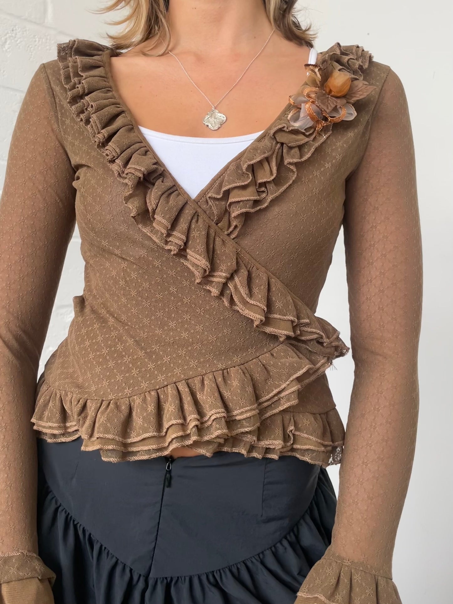 Brown Mesh Frilly Wrap Cardigan