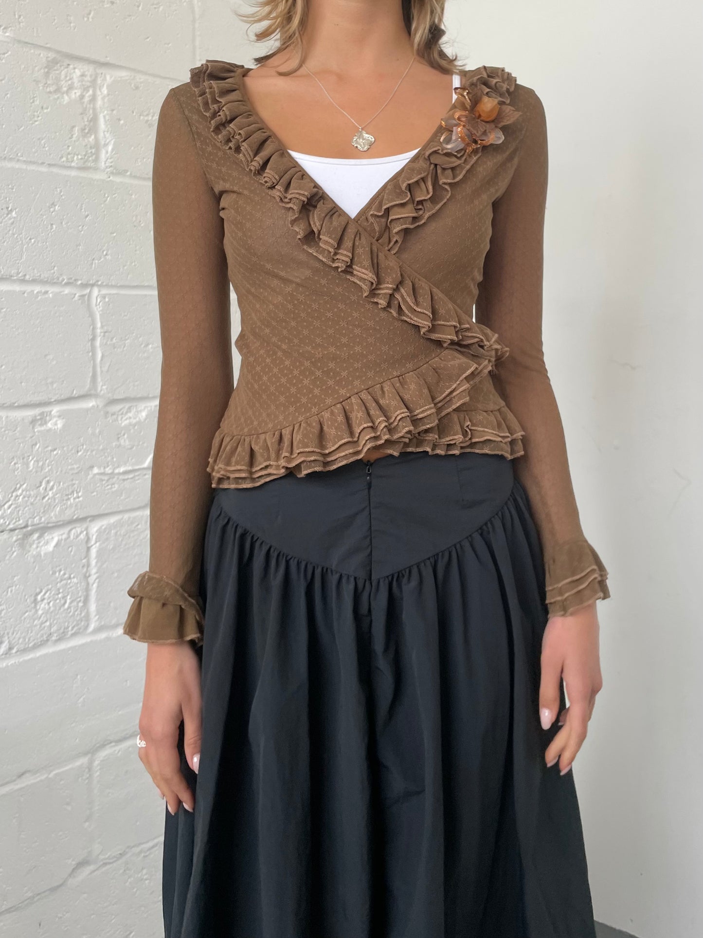 Brown Mesh Frilly Wrap Cardigan