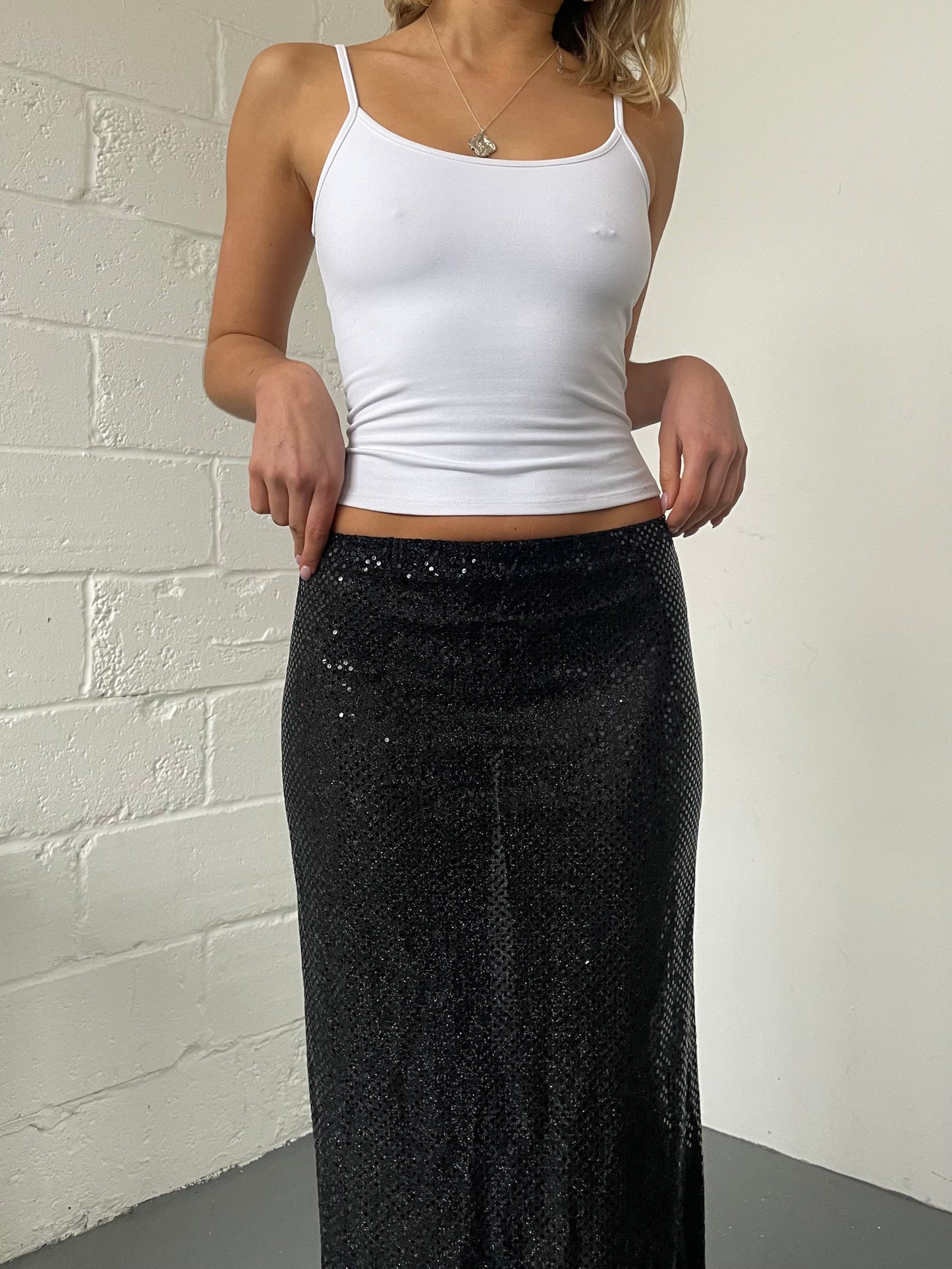 Black Sequin Mesh Maxi Skirt