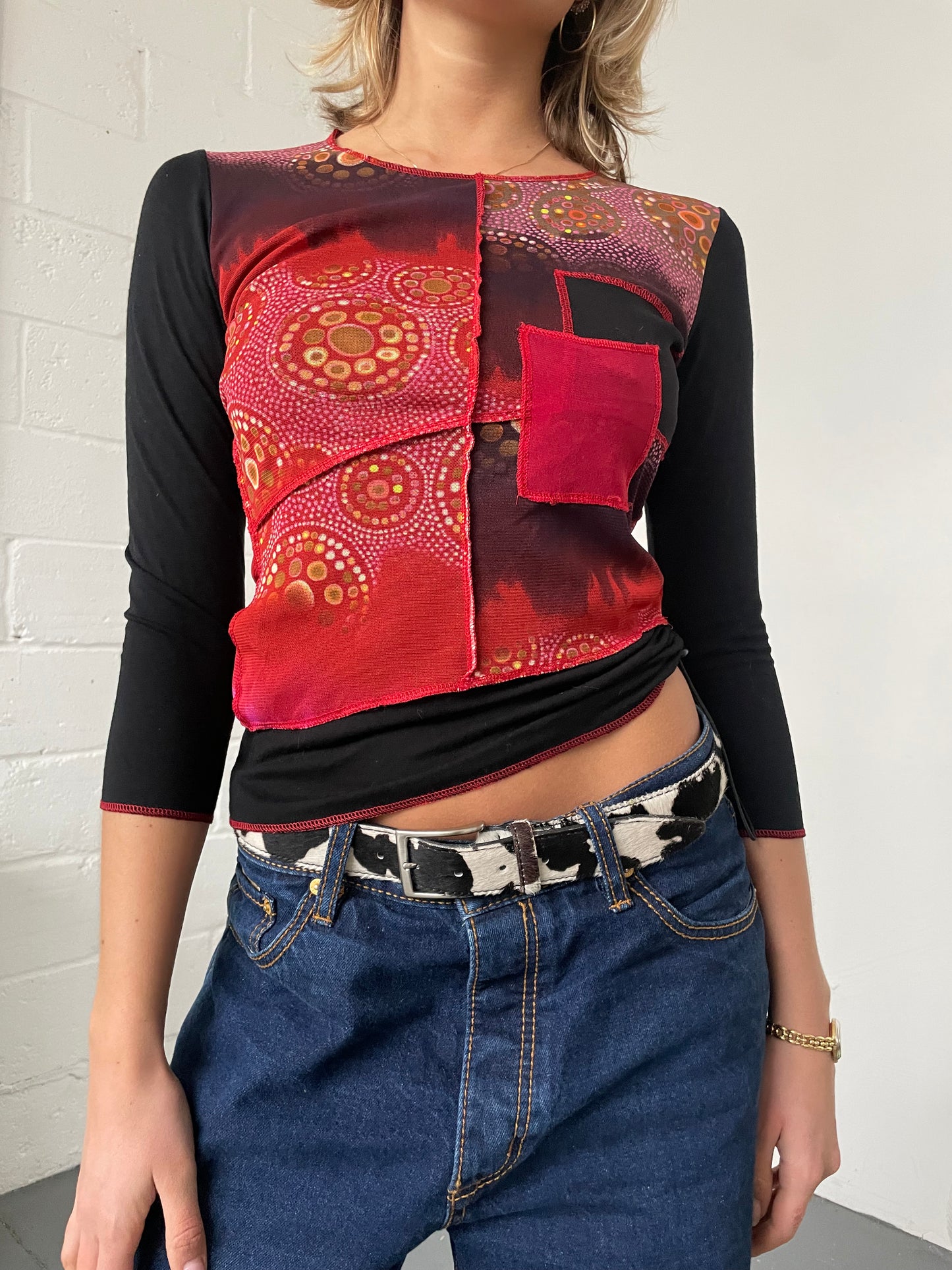 Asymmetric Patchwork Mesh Top