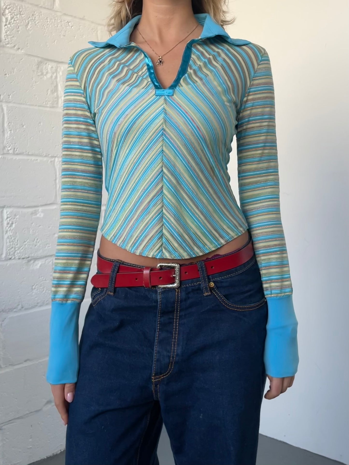 Blue and Yellow Mesh Stripe Shirt