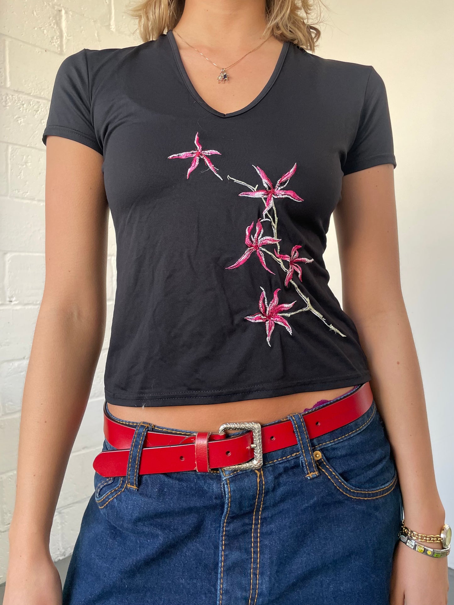 Black Baby Tee with Pink Floral Embrodery