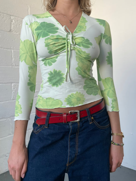 Green Floral Top with Drawstring