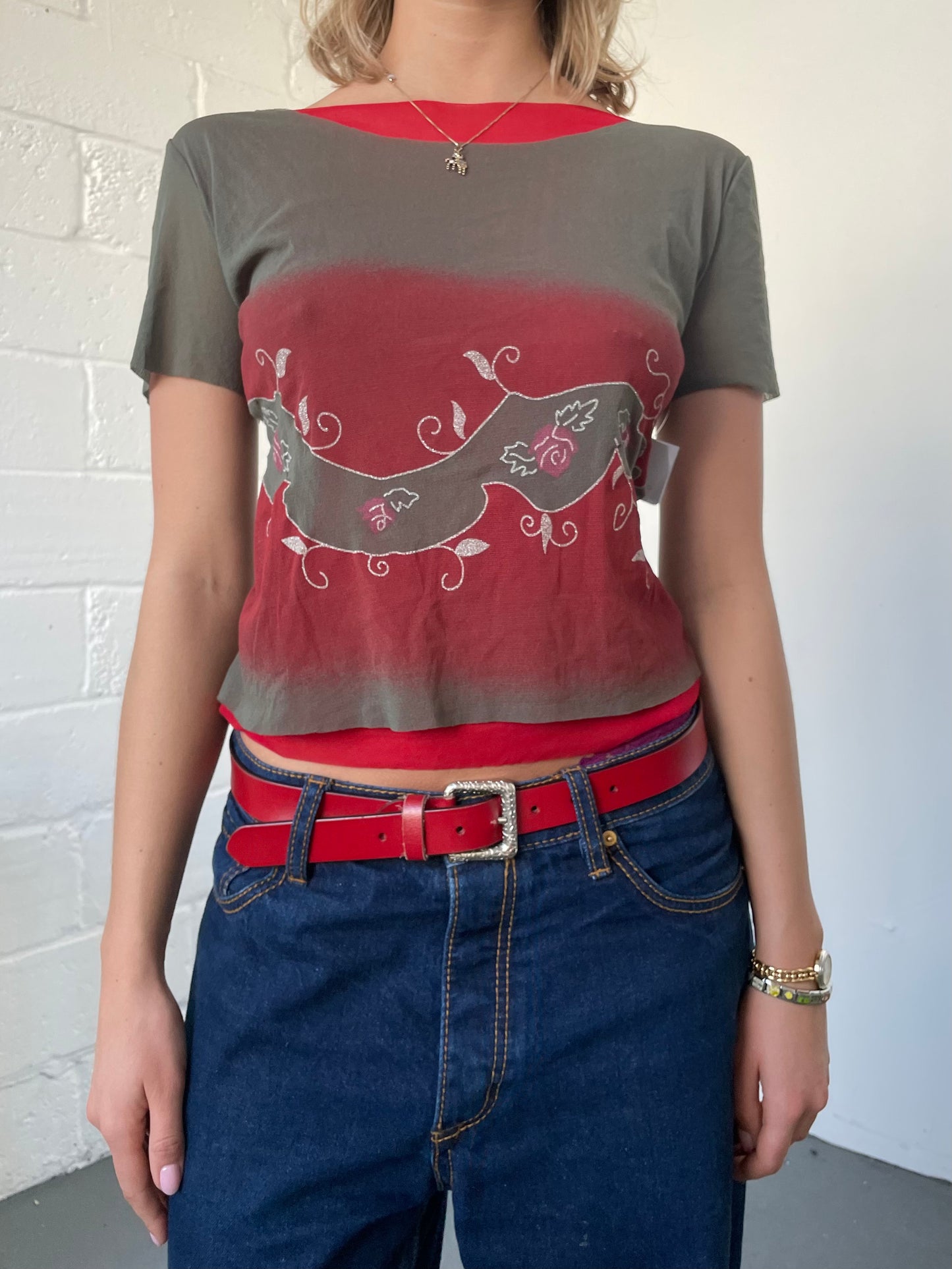 Khaki and Red Mesh Baby Tee