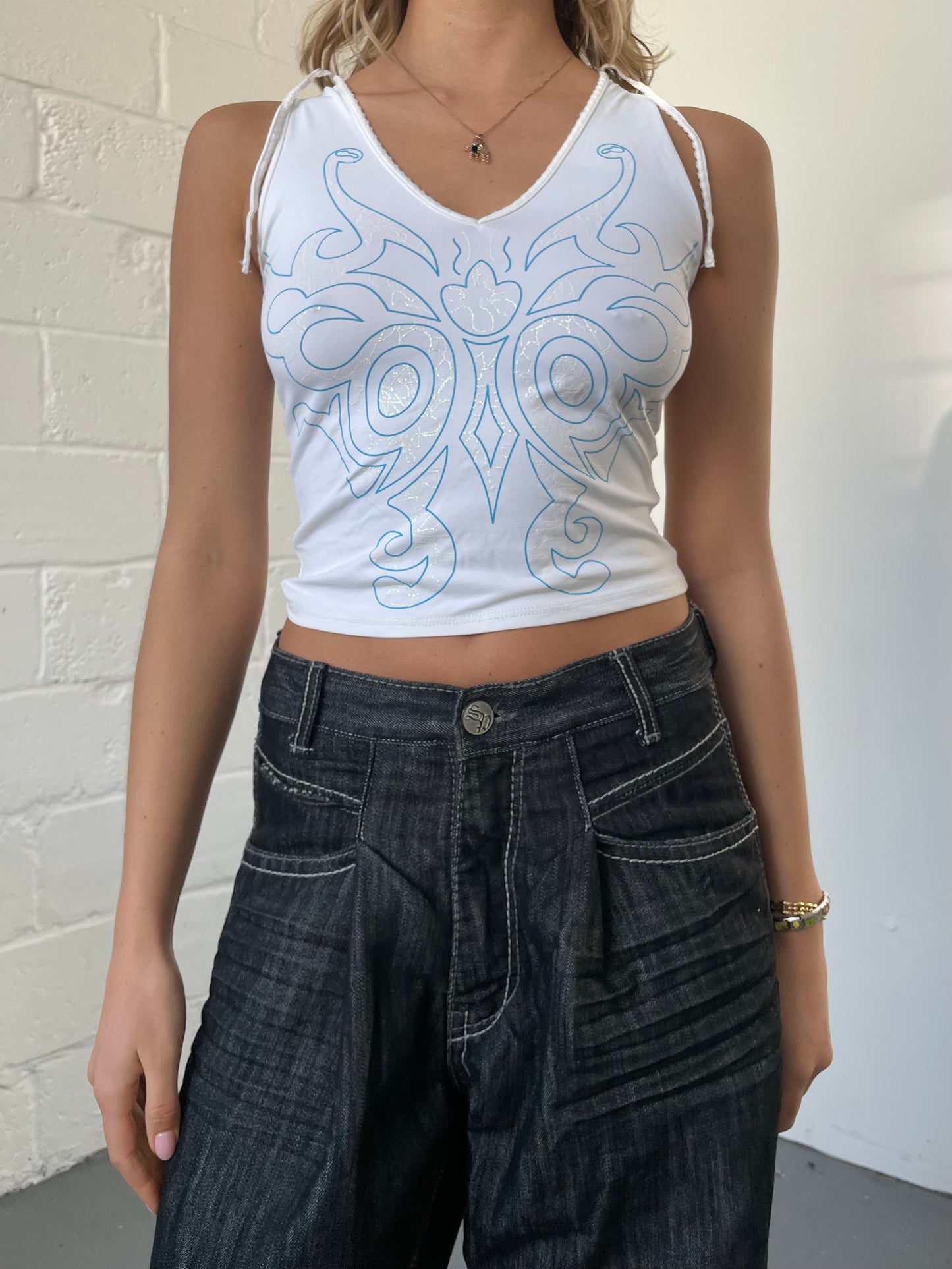 White Cropped Top with Blue Details