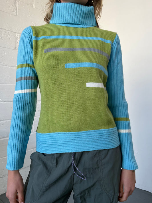 Blue and Green Roll Neck Jumper