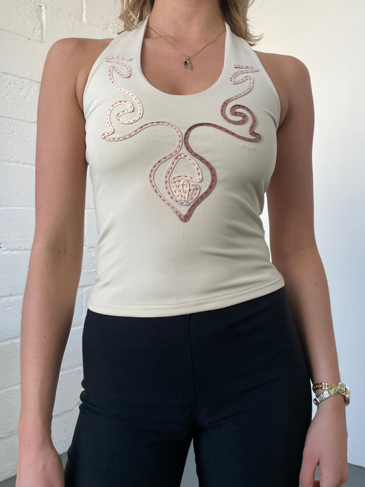 Beige Embroidered Halter Top